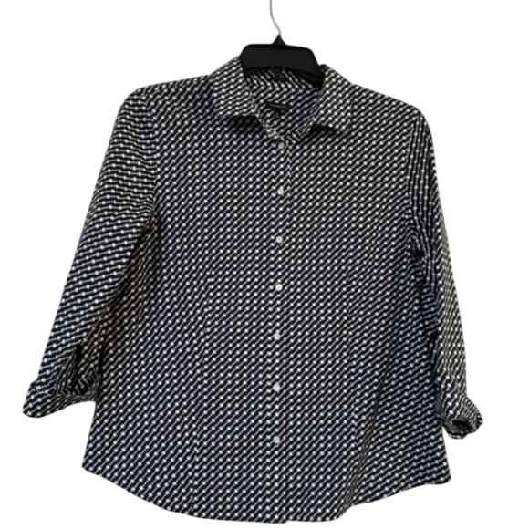 Talbots Button Up Shirt Women's 3/4 Sleeve Navy Print Size 14 - Picture 1 of 7